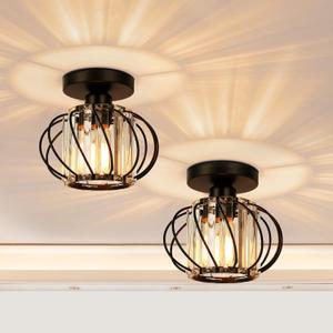 FRIDEKO HOME 2-Pack Semi Flush Mount Ceiling Light - Small Crystal Chandelier Hallway Black Metal Cage Modern Light Fixture for Entryway Bedroom Porch Kitchen (7.48-Inch, 2PCS Black Ceiling Light)