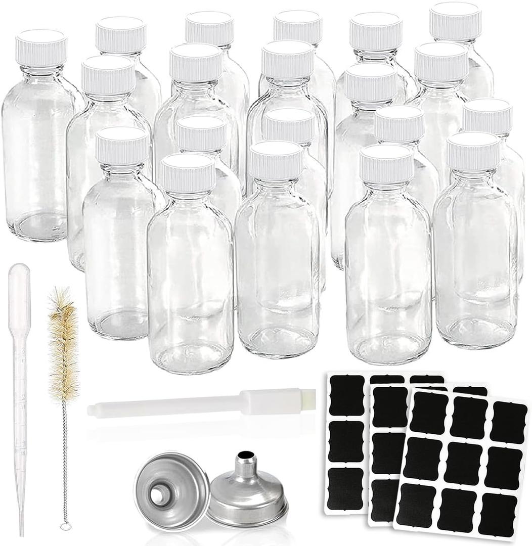 2OZ Small Glass Bottles with Lids,60ml Boston Round Wellness Shot Bourbon Whiskey Sample Bottles 2oz for Liquor,Juices,Sauces,Essential Oils,Hot Sauce,Leak Proof 20 Pack