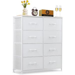 8-Drawer Dresser for Bedroom, Anti-Tip Tall Storage Organizer Chest of Drawers with Wooden Top and Metal Frame Fabric Bins for Closet, Living Room, Hallway, Entryway, White (11.8"D x 31.4"W x 36.3"H (8 Drawers))