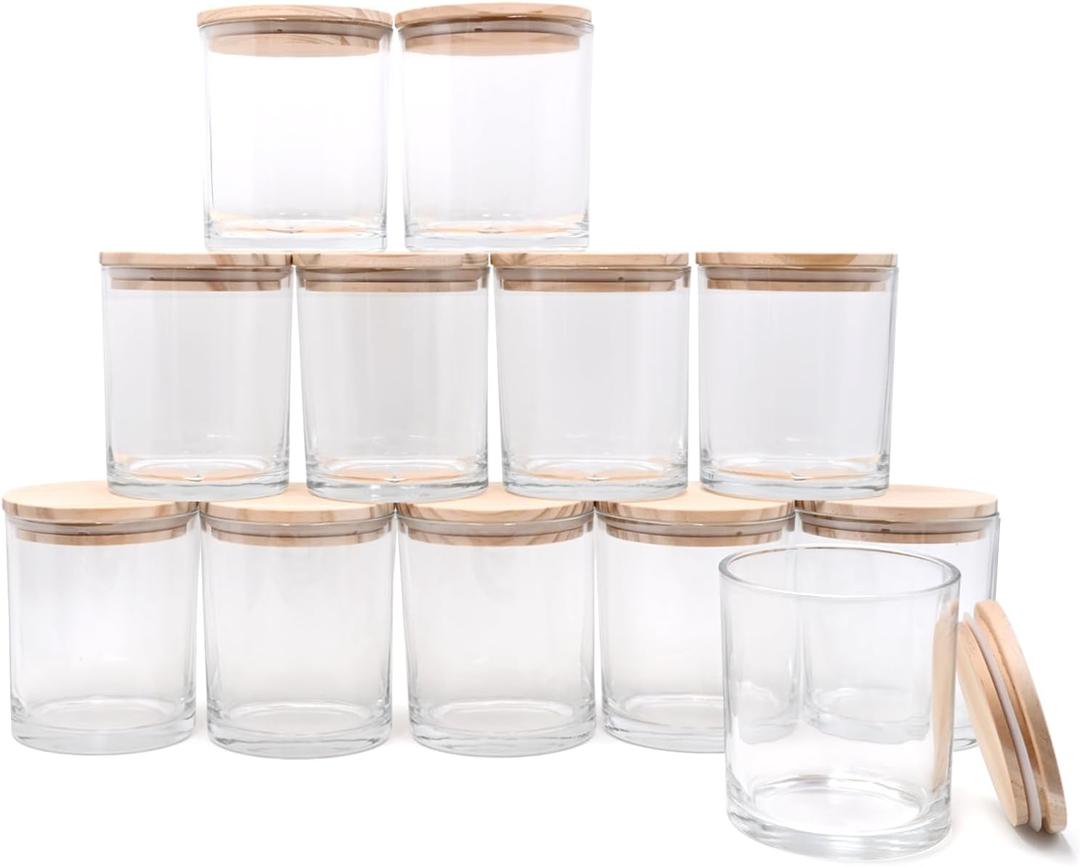 14 OZ Thick Candle Jars for Making Candles 12 Pcs, 3 Wick Empty Jars with Wood Lids for Candle Making, Sample Container, Clear