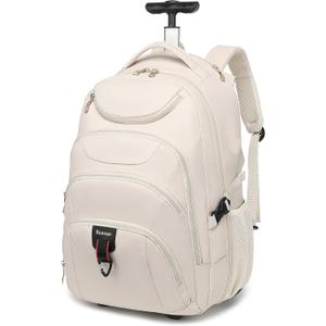 Boavan Rolling Backpack for Women, 17.3 Inch Wheeled Laptop Backpack, Large Travel Carry-On Bag for Teachers College Students, USB Charging Port Waterproof Business for Airplane Overnight Luggage, Beige