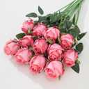 12Pcs Realistic Fake Dark Pink Roses Faux Flowers with Long Stems, Artificial Silk Rose Flowers for Valentines Day Home Wedding Decor Bridal Bouquet