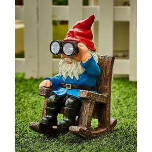 Solar Garden Gnome Statues Resin Gnome Figurines Sitting on Rocking Chair Outdoor Telescope Gnome Gifts for Yard, Patio Decor Gift