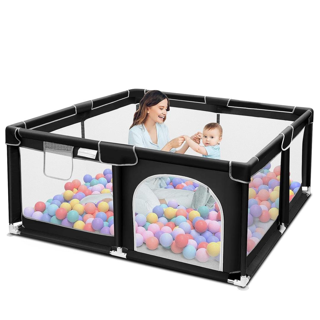 Baby Playpen with Mat, 50x50 Inch Playpen with Mat Waterproof for Babies and Toddlers Play Pen Playards Safety Gate Fence Active Center Indoor, Black