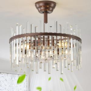 Brown Fandelier Ceiling Fans with Lights, Crystal Chandelier Ceiling Fan with Light Remote Control, Mid Century with 6 Speeds for Bedroom, Living Room