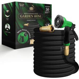 Garden Hose, NON-EXPANDABLE Garden Hose, Super Light Weight Hose, No Burst, 3/4 inch Solid Brass Connectors, 50 Ft, Black