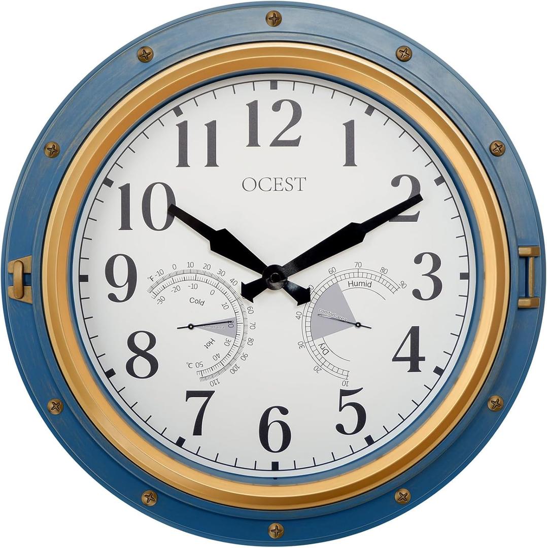 OCEST 16 Inch Indoor Outdoor Clock, Waterproof Wall Clock with Thermometer Hygrometer, Silent Non-Ticking Battery Operated Decor for Home Decor, Patio(Blue), Large