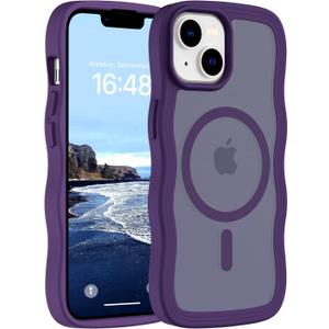 Hualele Magnetic for iPhone 13 & iPhone 14 Case, Compatible with MagSafe, Military Grade Dropproof Translucent Matte Back Cute Curly Wave Edge Slim Phone Case,Dark Purple