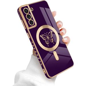 for Samsung Galaxy S21 Plus 5G Magnetic Case, Cute Butterfly Luxury Plating Edge Case for Women Girls Men Soft TPU Shockproof Full Camera Protective Cover for Samsung Galaxy S21 Plus-Purple