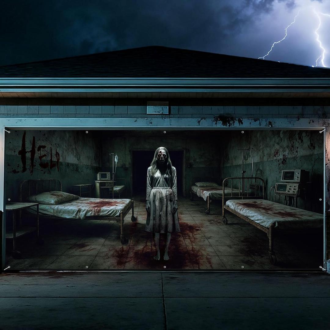 Blosssound 1 PCS Halloween Ghosts Garage Door Cover - 7 x 16 ft Hospital Haunted Buildings Zombies Backdrop Hanging Decorations for Halloween Photo Outdoor Home Party Booth