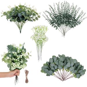 100 Pcs 4 Kinds Artificial Eucalyptus Stems, Mixed Faux Greenery Stems Fake Silver Dollar Eucalyptus Leaves Stems Bulk Babys Breath for DIY Bouquet Centerpieces