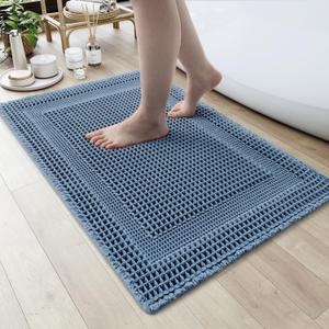 AMOAMI Waffle Bath-Mat, Absorbent Bath Mats for Bathroom Non Slip, Machine Washable Bathroom Rugs with Tassels Ultra Soft Boho Bath Rugs for Floor 17"x24" Blue
