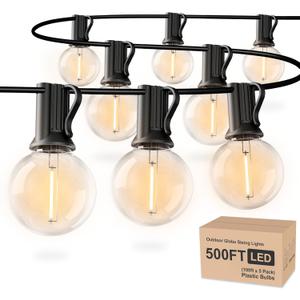 Outdoor String Lights 500ft,5 Pack 100ft G40 Led Patio Lights with 52pcs Bulbs,Shatterproof Waterproof Connectable Hanging Globe for Porch Cafe Bistro Backyard