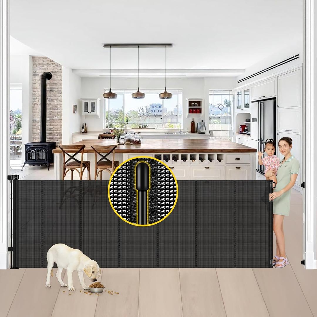 Reinforced 42 Tall x 100 Extra Wide Retractable Baby Gates for Doorways Extra Tall Pet Gate with Rods to Prevent Crawling Through, Dog Gate for Large Openings Extra Long Mesh Gate, Black