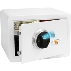 TIGERKING Biometric Small Home Safe with Key and Digital Keypad
20 lb White Safe Box with Steel Body, 1.2 Cu Ft, 3-Way Access, Dual Locking Bolts, and Removable Shelf