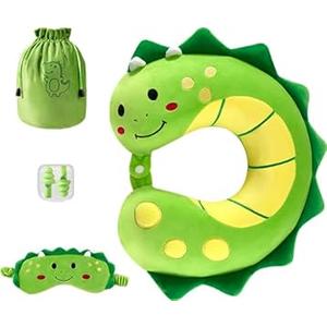 urnexttour Travel Neck Pillow for Kids, Dinosaur Memory Foam Pillow with Cute Sleep Mask & Earplugs, Lightweight Travelling Pillow Set for Airplane, Car, Train, Bus and Home Use (Green)