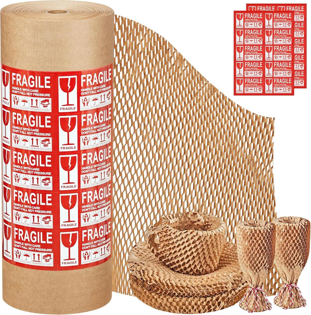 JARLINK Honeycomb Packing Paper, 15"x 412' Bubble Packing Wrap for Packing/Shipping/Moving, Eco-Friendly Bubble Packing Paper Wrapping Roll, Recyclable Moving Supplies With 30 Fragile Sticker Labels