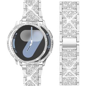 Mosonio Compatible with Samsung Galaxy Watch 7 Bands 40mm/44mm, 20mm Bling Metal Bands with Bling Protective Cover Case for Women, Shiny Watch Replacement Strap for Daily Wear (Silver)