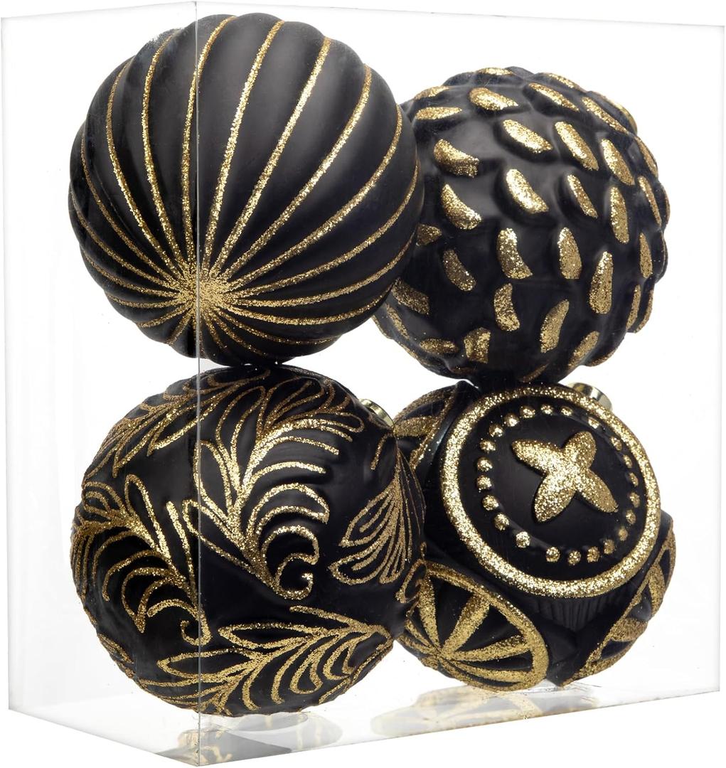 Hollyone 4.7 Inch Large Black and Gold Christmas Ornaments 4Pcs Christmas Tree Balls Shatterproof Christmas Ornaments for Xmas Tree Decor for Holiday Party Wreath Home Decor (Black & Gold, 120mm)