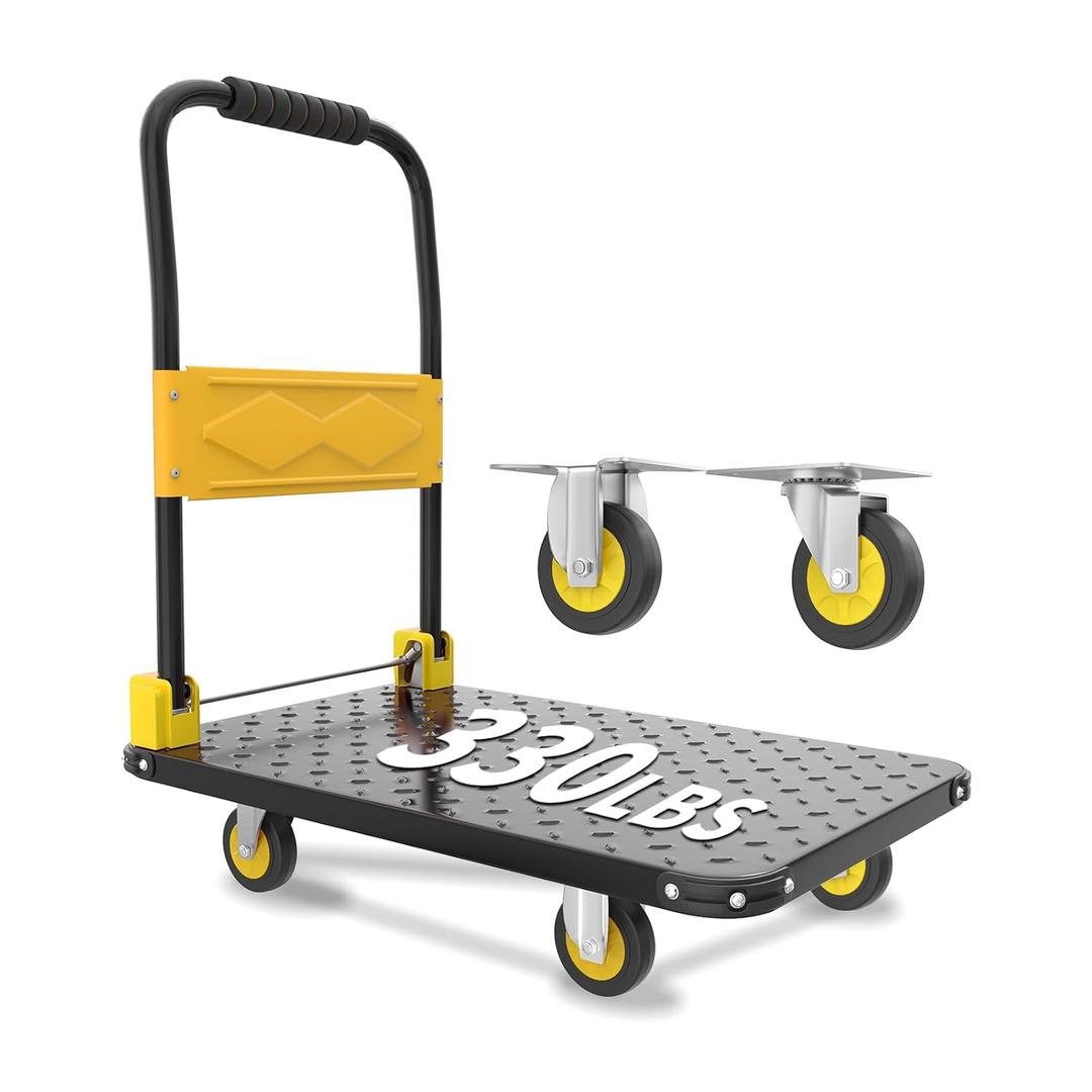 Foldable Push Cart Dolly, 330lbs Flat Bed Carts with Wheels & Anti-Collision Strips, Heavy Duty Platform Truck for Household Tasks, Moving, 360 TPR Mute Wheels, Easy Maneuver, Black Yellow