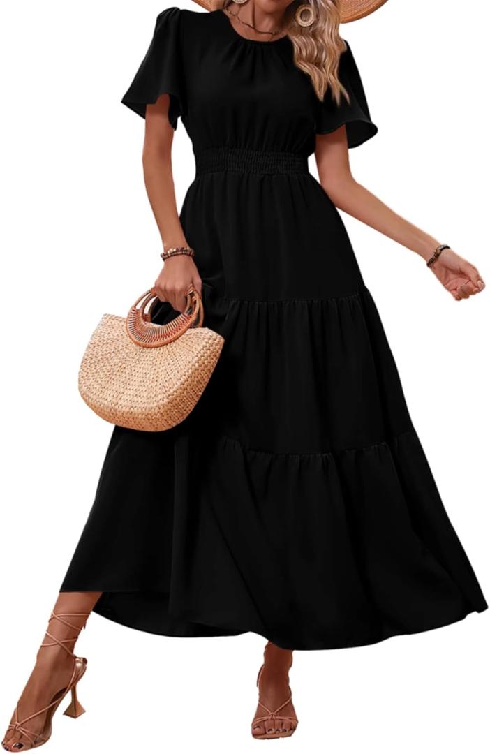 PRETTYGARDEN Women's Summer Casual Short Flutter Sleeve Round Neck Smocked Waist Tiered Boho Floral Flowy Maxi Dress (Medium)