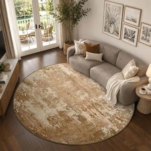 6ft Round Abstract Washable Area Rug for Living Room Brown