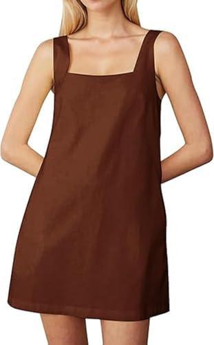 Womens Sleeveless Linen Mini Dress Casual Square Neck Backless Short Dresses Solid Summer Tank Shift Sundress with Pockets,Brown, Medium