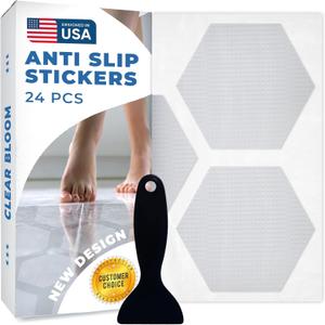 Anti-Slip Shower Stickers for Tub & Shower Floor  Original Clear Hex Non-Slip Bathtub Stickers, 24 Pack 3.25, Micro-Pyramid Grip, Scraper Included, Easy Apply
