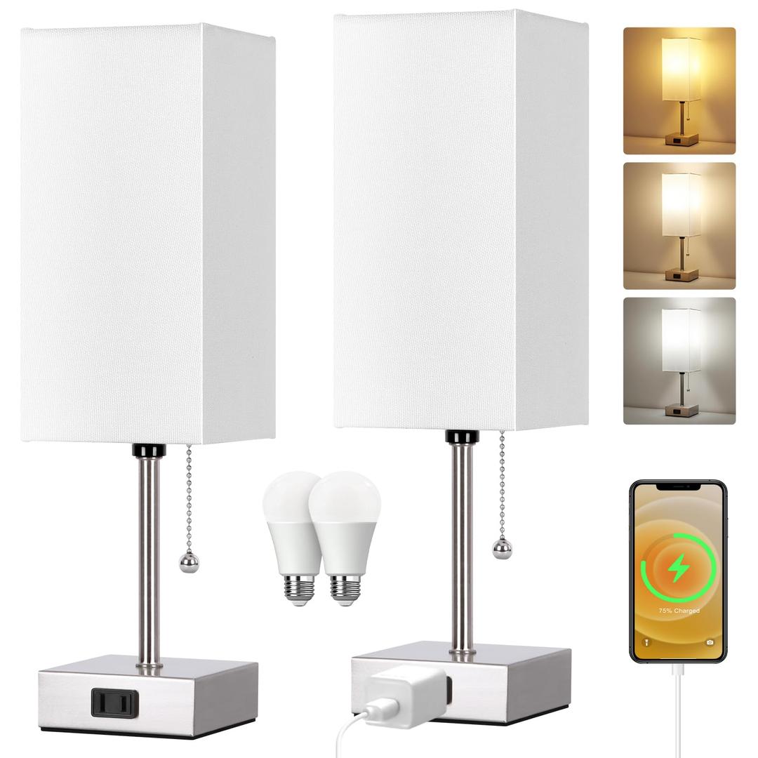 Table Lamp for Bedroom set of 2,3-Color Bedside Lamps with Pull Chain Table Lamps for Nightstand with AC Outlets,18'' Night Light Lamps with 2 Bulbs Lamps for Living Room Kids Office Decor（Nickel）