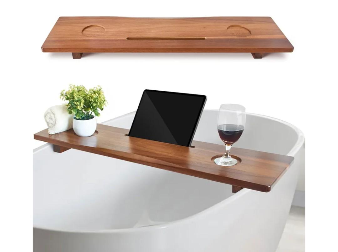 Luxe Premium Acacia Wood Bathtub Tray Caddy with Adjustable Legs, 35x9 Inch Large Wooden Bath Tub Board, Anti-Tipping Bath Shelf Over Tub, Bathtub Accessories