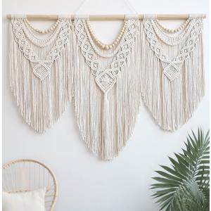 oiikain Large Handmade Boho Macrame Wall Hanging Tapestry - Chic Bohemian Woven Home Decor art for Living Room, Bedroom, and Wedding Parties (43''x32'', Wooden beads)