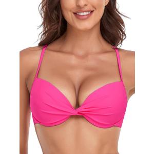 RELLECIGA Women's Underwire Bikini Top Twist Front Push Up Swim Top Mold Cup Swimwear Top (Large, Hot Pink)