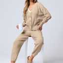 ANRABESS Women 2 Piece Lounge Sets 2025 Fall Outfits Casual Waffle Knit Cardigan Sweater Pant Set Travel Airport Clothes Khaki Small (S)