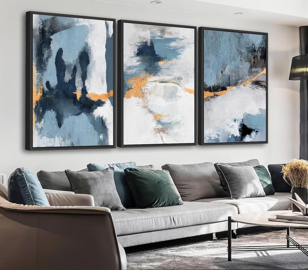 Large Framed Abstract Wall Art - Natural Framed Canvas Pictures for Living Room Modern Canvas Prints Grey Blue for Bedroom, Black Float Frame Art for Home Office Kitchen Decor 16" X 24" X 3pcs