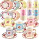 Tioncy 100 Pcs Tea Party Decorations Include 50 Pieces 9 oz Paper Tea Cups with Handle and 50 Plates Disposable Teacups and Saucers Sets for Birthday Baby Shower(5 Colors) (Floral, Multicolor)