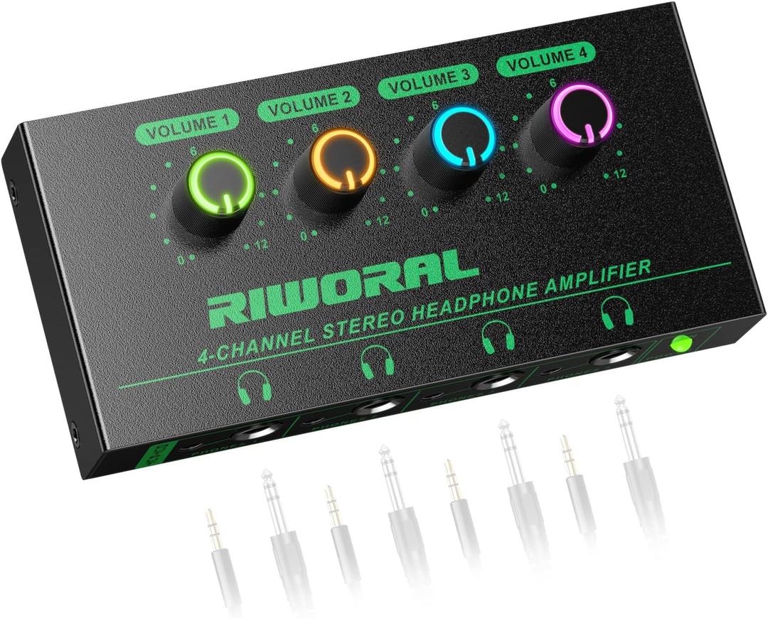 4 Channels Headphone Amplifier with 3.5mm/6.35mm/ TRS Jack Input for Dj Mixer Amps Splitter with 8 Output Ports Separate Volume Control Output for Speaker Or Monitor Headphone (Black/Green)