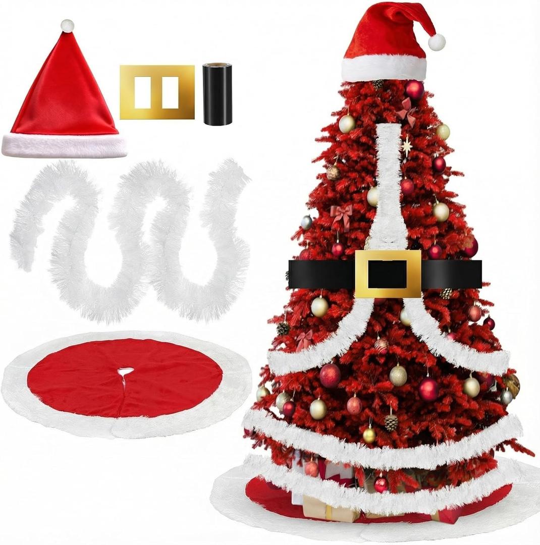Syhood 6 Pcs Christmas Tree Decoration Set Large Santa Christmas Tree Topper Skirt Garland Belt Gold Snap Cutouts for Xmas Ornament Party Supplies(White, Red,Santa's Hat)