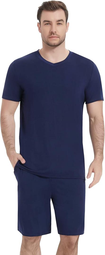 NACHILA Pajamas for Men Pj Short Sleeve Sleepwear with Shorts V Neck Loungewear Cool Pajama,Viscose Made from Bamboo (Medium)