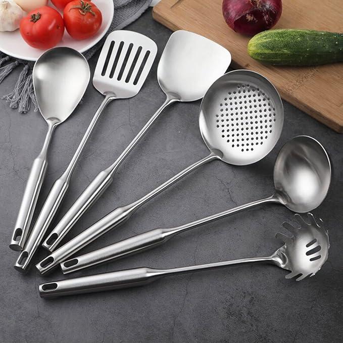 Stainless Steel Kitchen Utensils Set, 6 Pcs Professional All Metal Cooking Utensils Set 12-13.6 Inch, Wok Spatula, Ladle, Skimmer, Slotted Spatula Turner, Spaghetti Spoon, Large Spoon