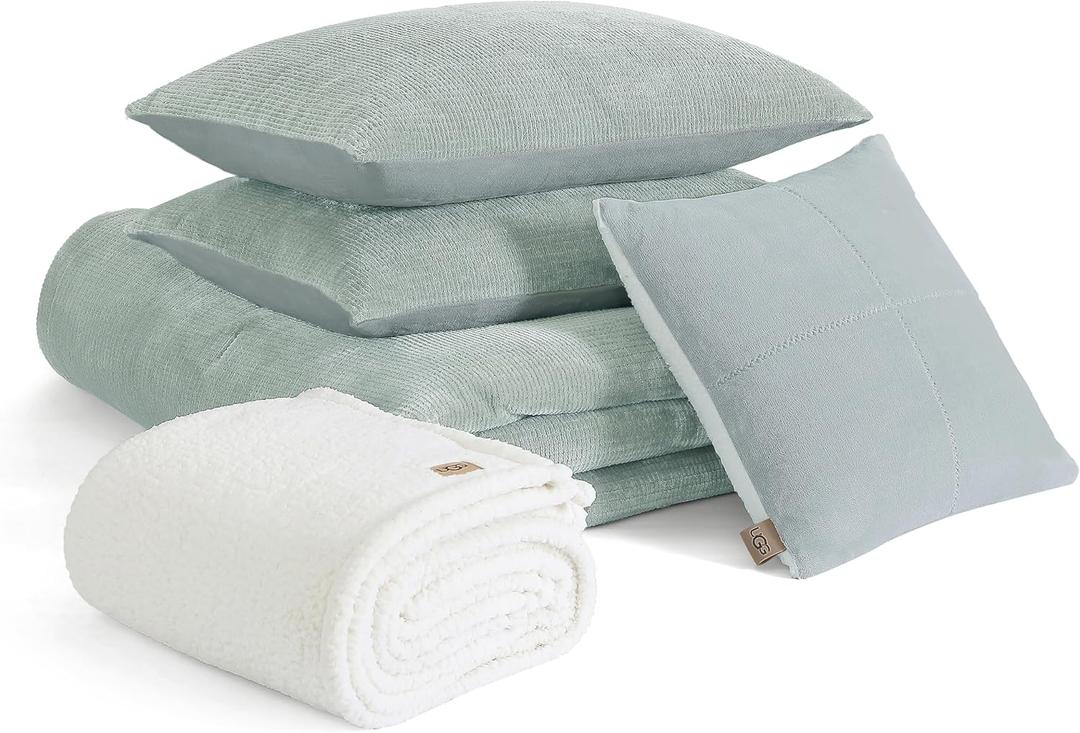 UGG Remina Comforter Set 5 Piece Bed in a Bag with Throw Blanket, Decorative Pillow, Shams, and Reversible Comforter Hypoallergenic Washable Luxury Fluffy Bedding Set, King, Blue Green Clear Creek