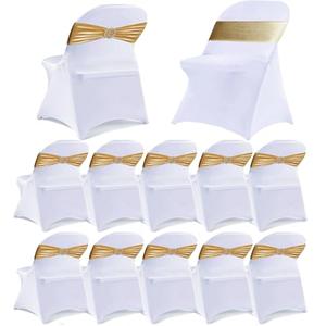 MAGTOWNE 10 Pack White Folding Chair Covers with 10 Pack Gold Chair Sashes, Chair Covers for Folding Chairs, Gold Sashes for Chairs, 20 Pack White Folding Chair Cover Sets