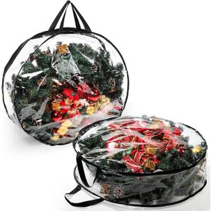 Hedume 2 Pack Wreath Storage Bag, 30" X 8" Clear Everyday Bag, Christmas Wreath Storage Container with Dual Zippered and Reinforced Handle for Holiday Seasonal Wreath Garland