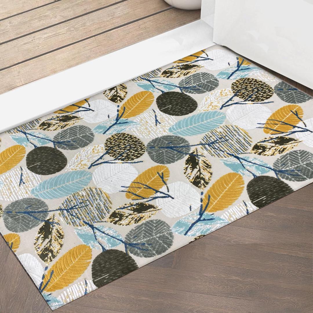 1/10 Inch Ultra Thin Door Mat Indoor,20x32,Non Slip Self Adhesive Backing,Resist Dirt Entrance Inside Front Door Rug Floral, Washable,Low Profile Floor Doormats for Entryway