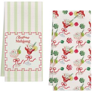 KEUSPI Coquette Red Bow Christmas Mahjong Cocktail Kitchen Towels, Gifts for Mahjong Lovers, Red and Green Christmas Mah Jong Decorative Hand Dish Tea Towels for Kitchen Bar, 16x24 Inches Set of 2
