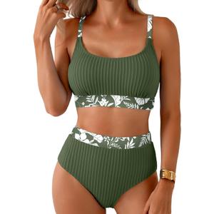 Herseas Women's Textured Bikini Sets Floral Print Trim Scoop Neck Swimsuits High Waisted Bathing Suits (Green, M)