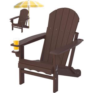 Folding Adirondack Patio Chairs, HDPE Fire Pit Chairs Weather Resistant, Outdoor Adirondack Chair with Cup Holder and Umbrella Hole for Paito Garden, Wood Texture, Brown