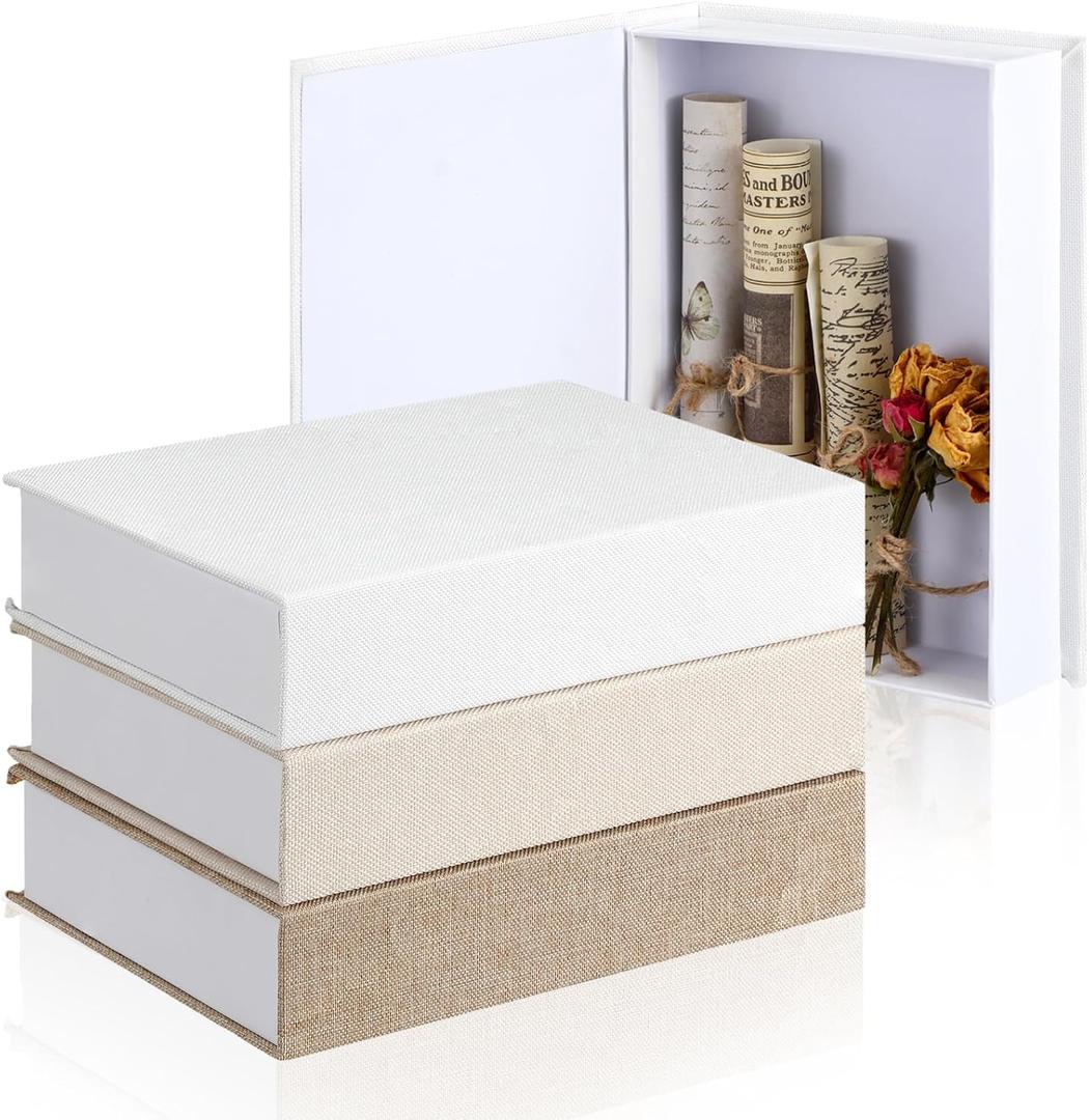 Tioncy 3 Pcs Fake Book Box Neutral Linen Book Box Decorative Faux Prop Storage for Farmhouse Home Decor shelf Table Card Photo DIY Keepsake Gift(8.6 x 6.1 x 1.8 Inch,Multicolor)