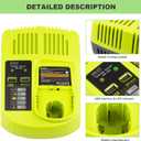 12V-18V USB Fast Charger 90W for Ryobi P117 Lithium-Ion/NiCad/NiMh Batteries, Dual Chemistry, Compatible with Ryobi 18V P102 P103 P105 P107 P108 P189 P197 P190 P191 PBP002