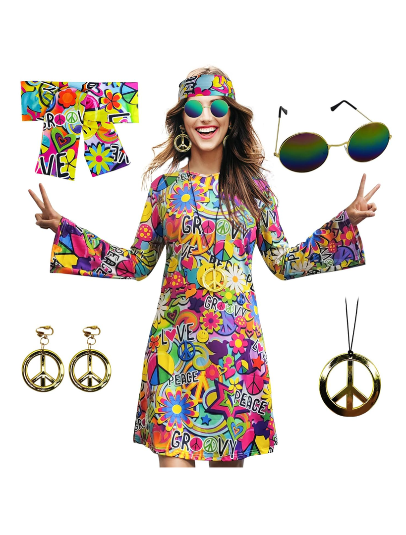 70s Hippie Dress Costumes Necklace Earrings Sunglass Women Disco Outfit, 60s Party Costume, Halloween Retro Dresses L