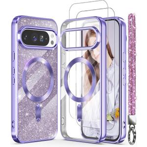 Magnetic for Google Pixel 10/10 Pro Case + 2X Screen Protectors,Luxury Plated Gold Edge [Glitter Card&Wrist Strap] Slim Soft Crystal Clear TPU Shockproof Case Cover for Pixel 9/9 Pro-Purple